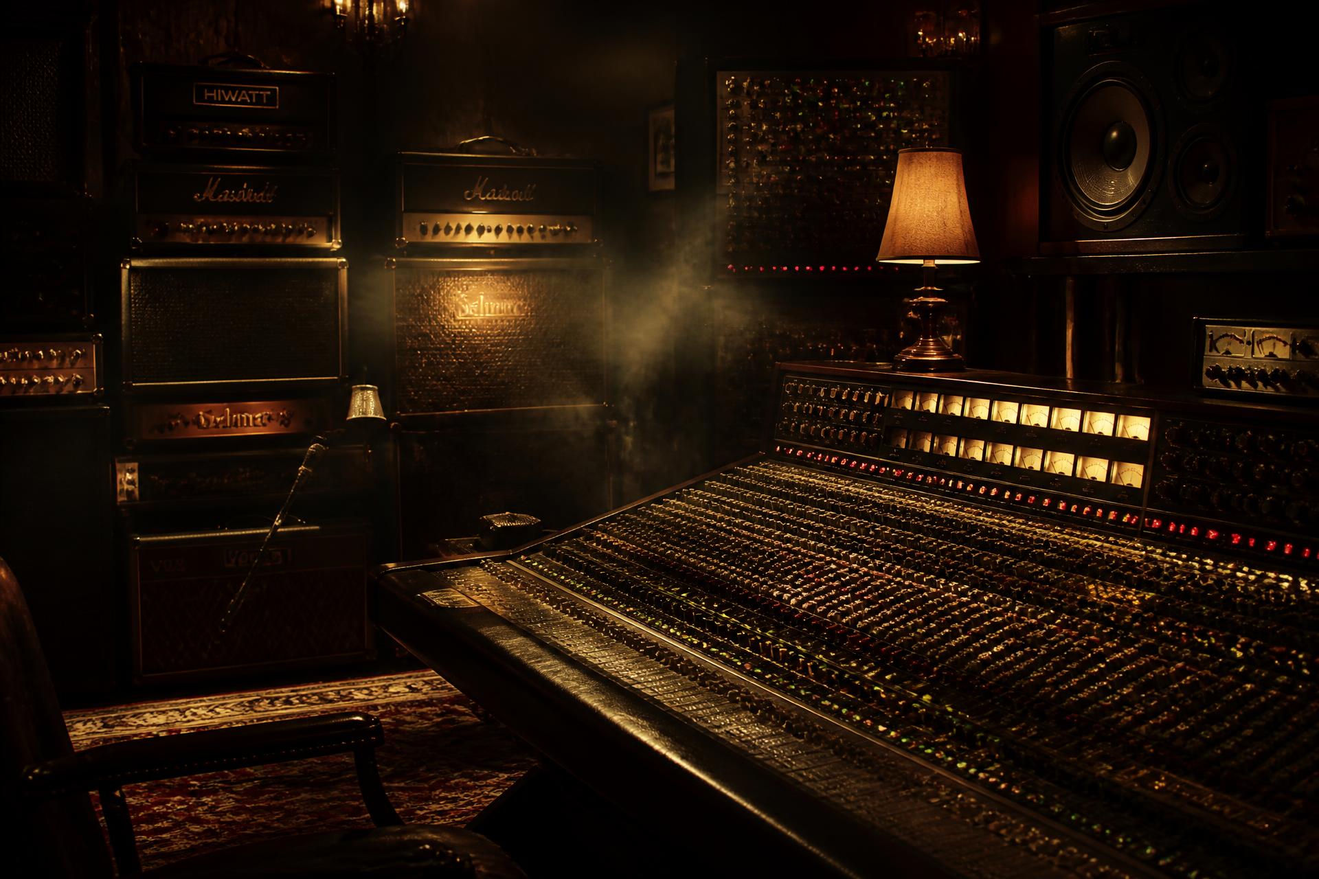 Black Rose Music Studio — amplis vintage et console analogique sous une lumière tungstène chaleureuse